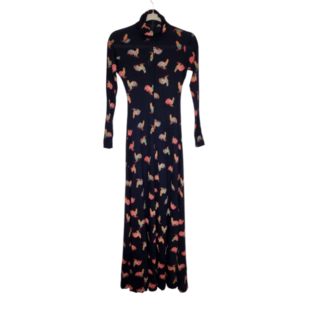 Youth Guild Vintage Rooster Print Black Turtleneck Maxi Dress XS